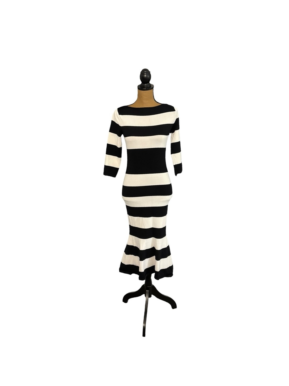 Eva Mendes NY & Co Black White Striped Mermaid Sweater Dress XS Boat Neck Midi